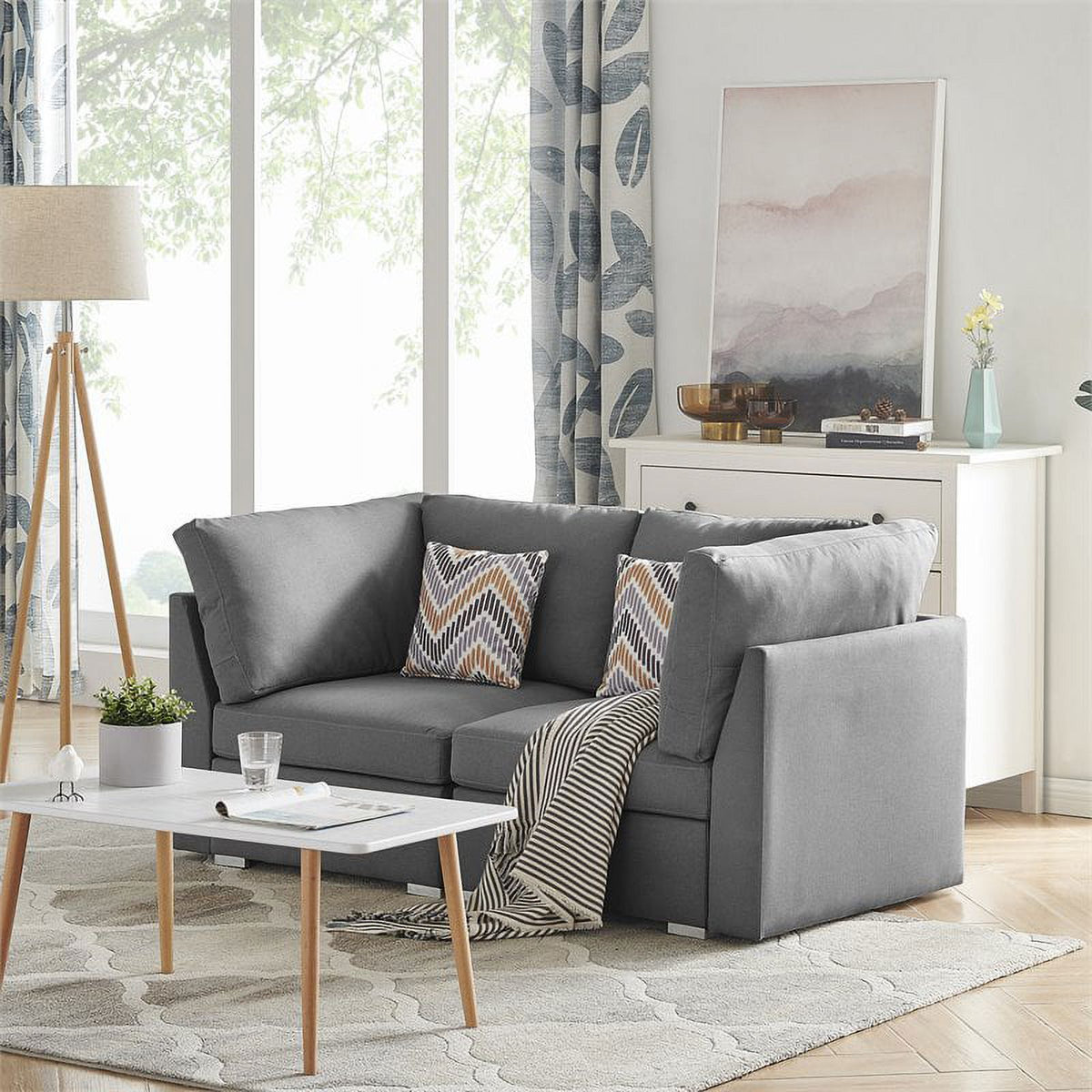 Gray Linen Fabric Loveseat Couch with Pillows L8127