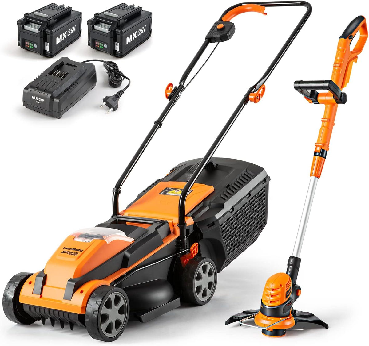 24V Max 13-inch Lawn Mower and 10-inch Grass Trimmer Combo with 2x4.0Ah Batteries and Charger E543114