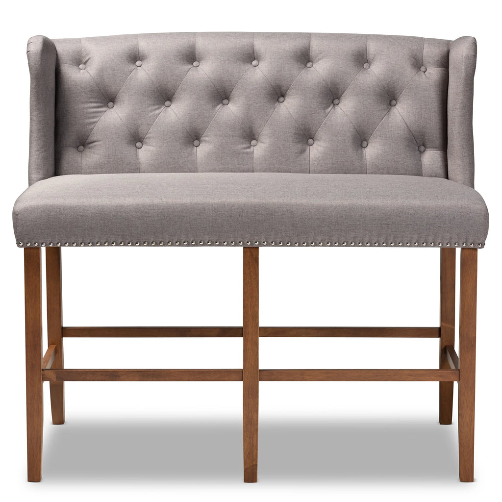 Grey Fabric Upholstered Walnut Finished Wood Button Tufted Bar Stool Bench F387