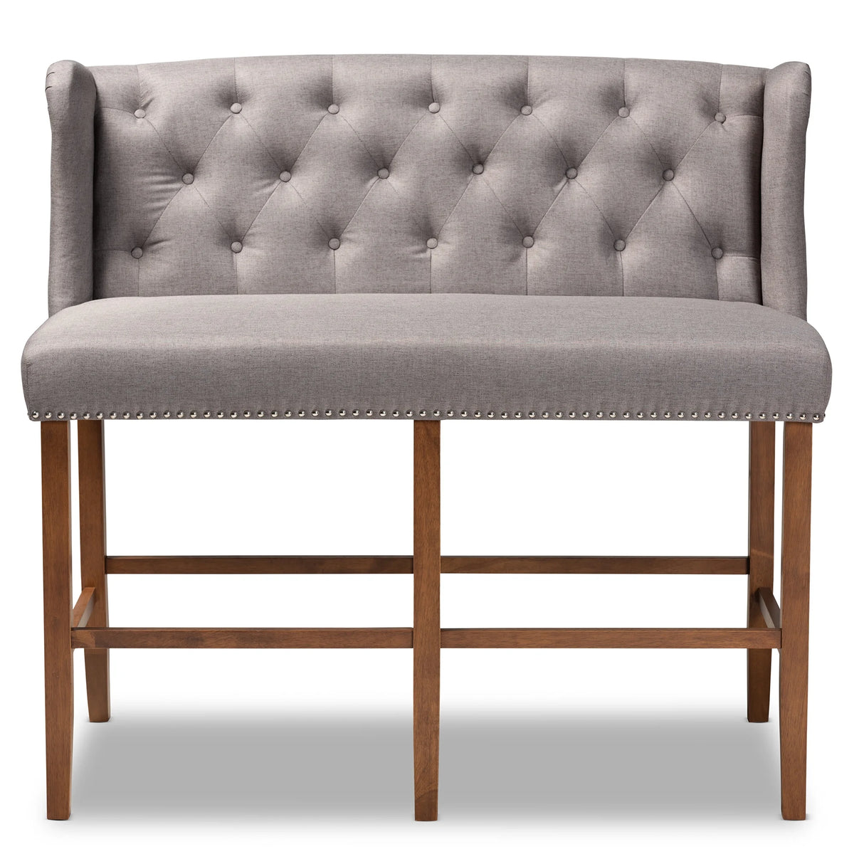 Grey Fabric Upholstered Walnut Finished Wood Button Tufted Bar Stool Bench F387