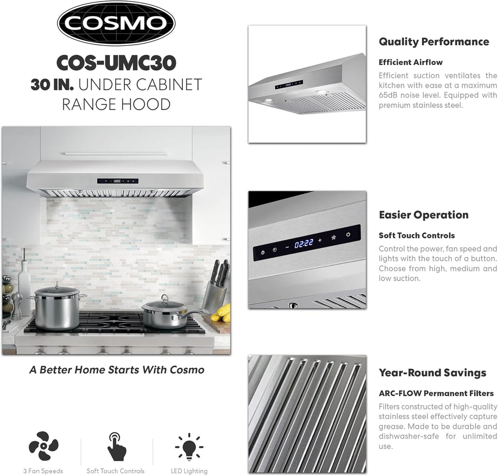 30 inch Under Cabinet Stainless Steel Range Hood with Permanent Filters & LED Lights S21338
