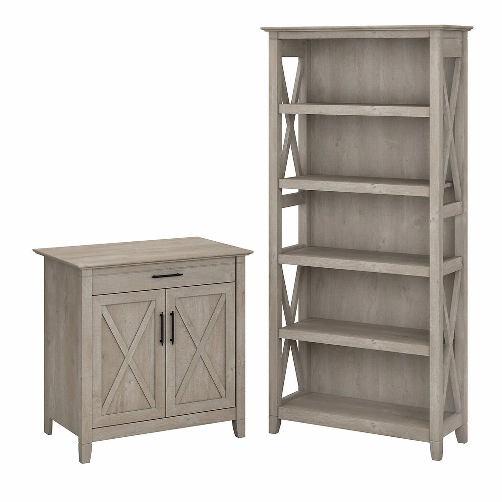Washed Gray Laptop Storage Desk Credenza with 5 Shelf Bookcase F79174