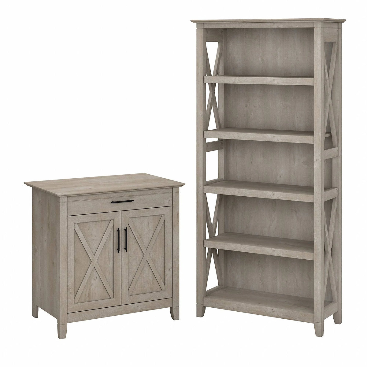Washed Gray Laptop Storage Desk Credenza with 5 Shelf Bookcase F79174