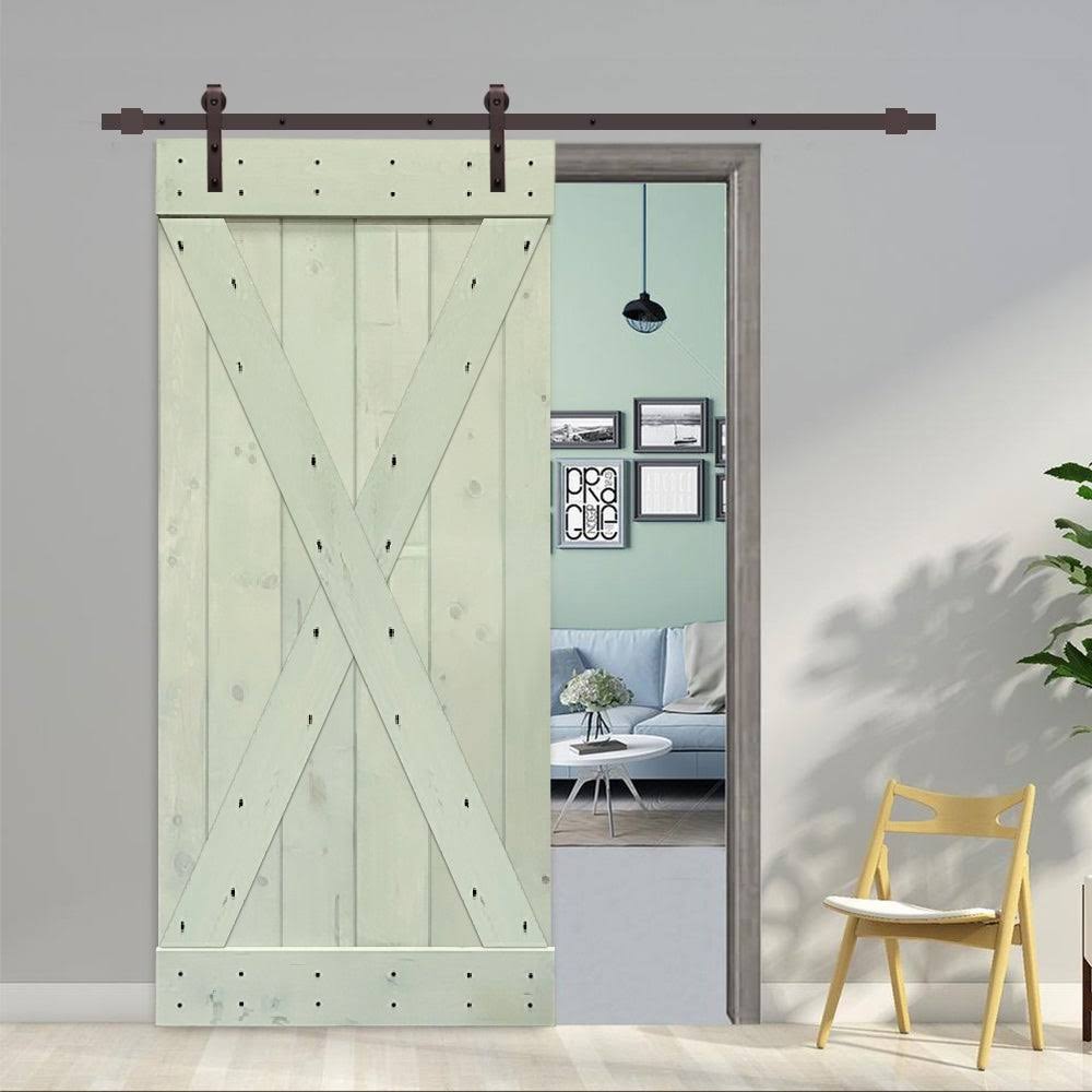 Sage Green Stained Wood Interior Sliding Barn Door with Hardware Kit X43377