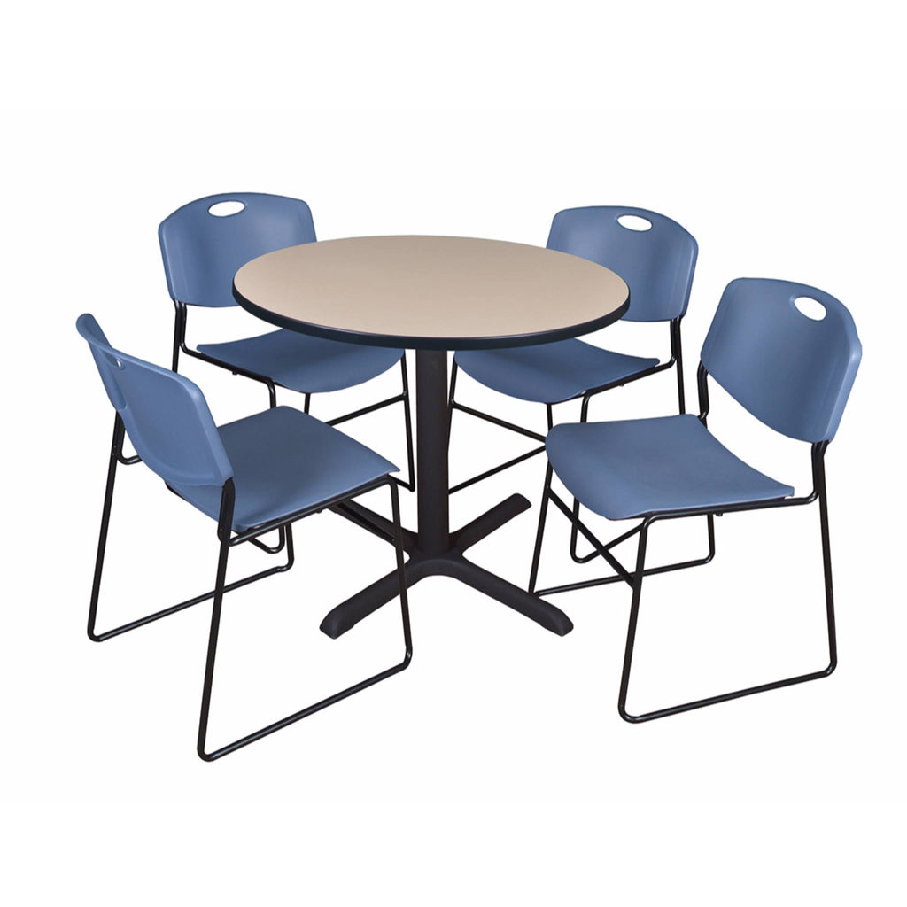Beige Round Breakroom Table with 4 Black Stack Chairs C331475