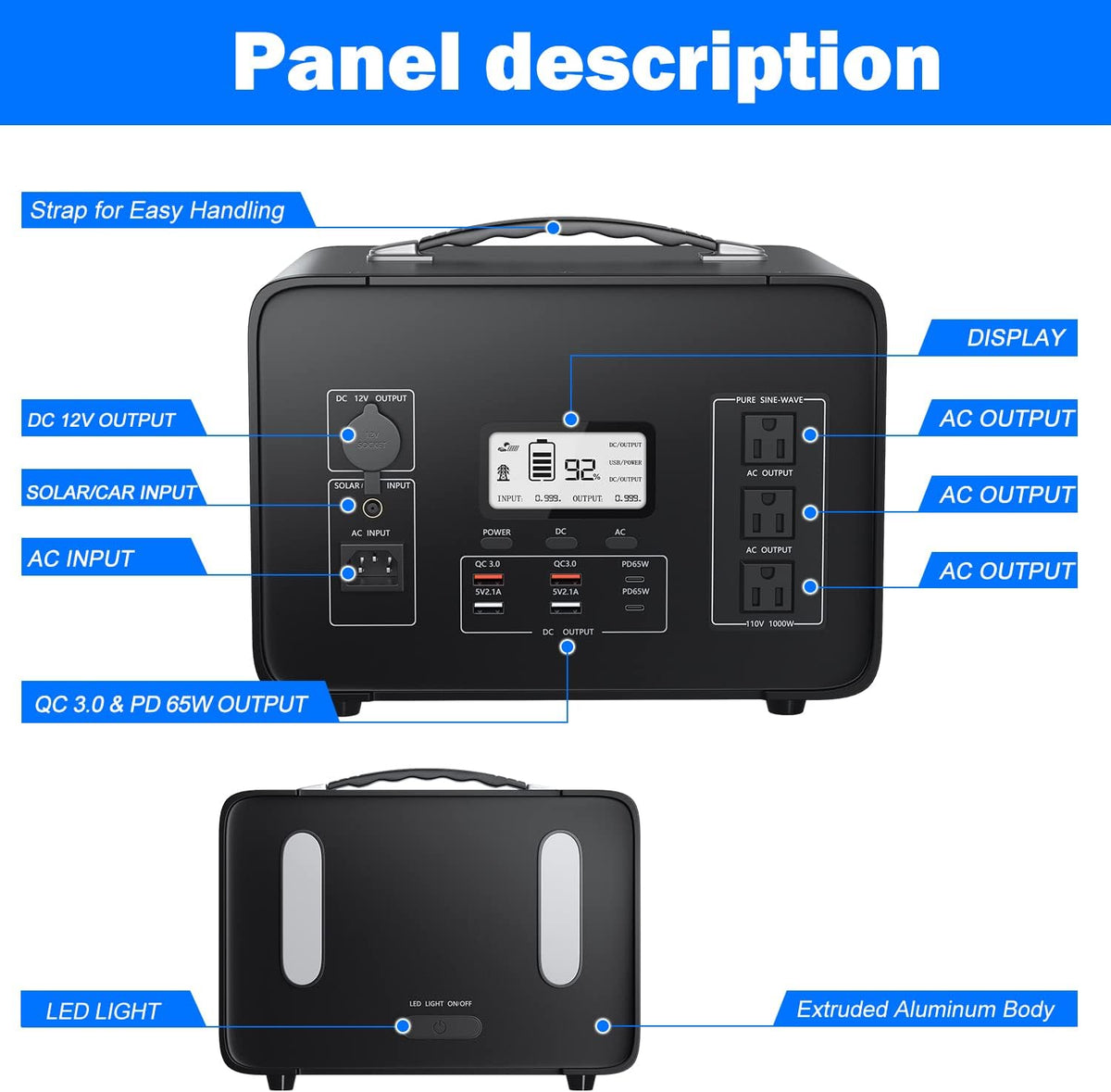 Portable Power Station 1000W 1008Wh LiFePO4 Battery with LCD Display T95862