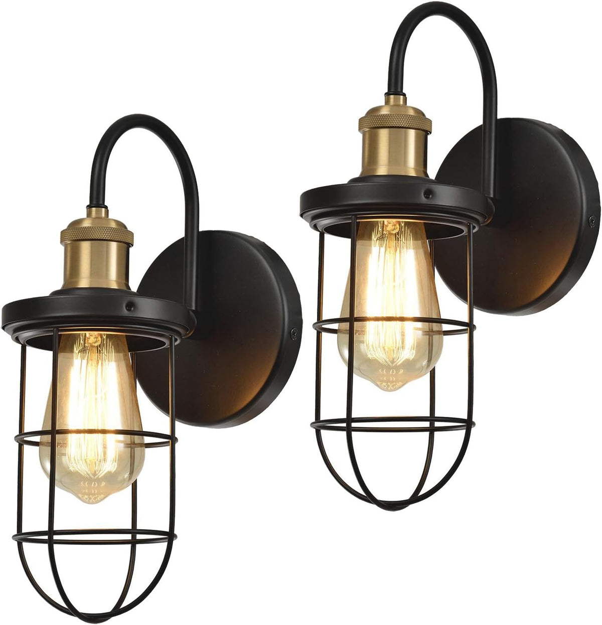 Farmhouse Wall Sconces with Cage Shade, Black and Gold, Set of Two N129