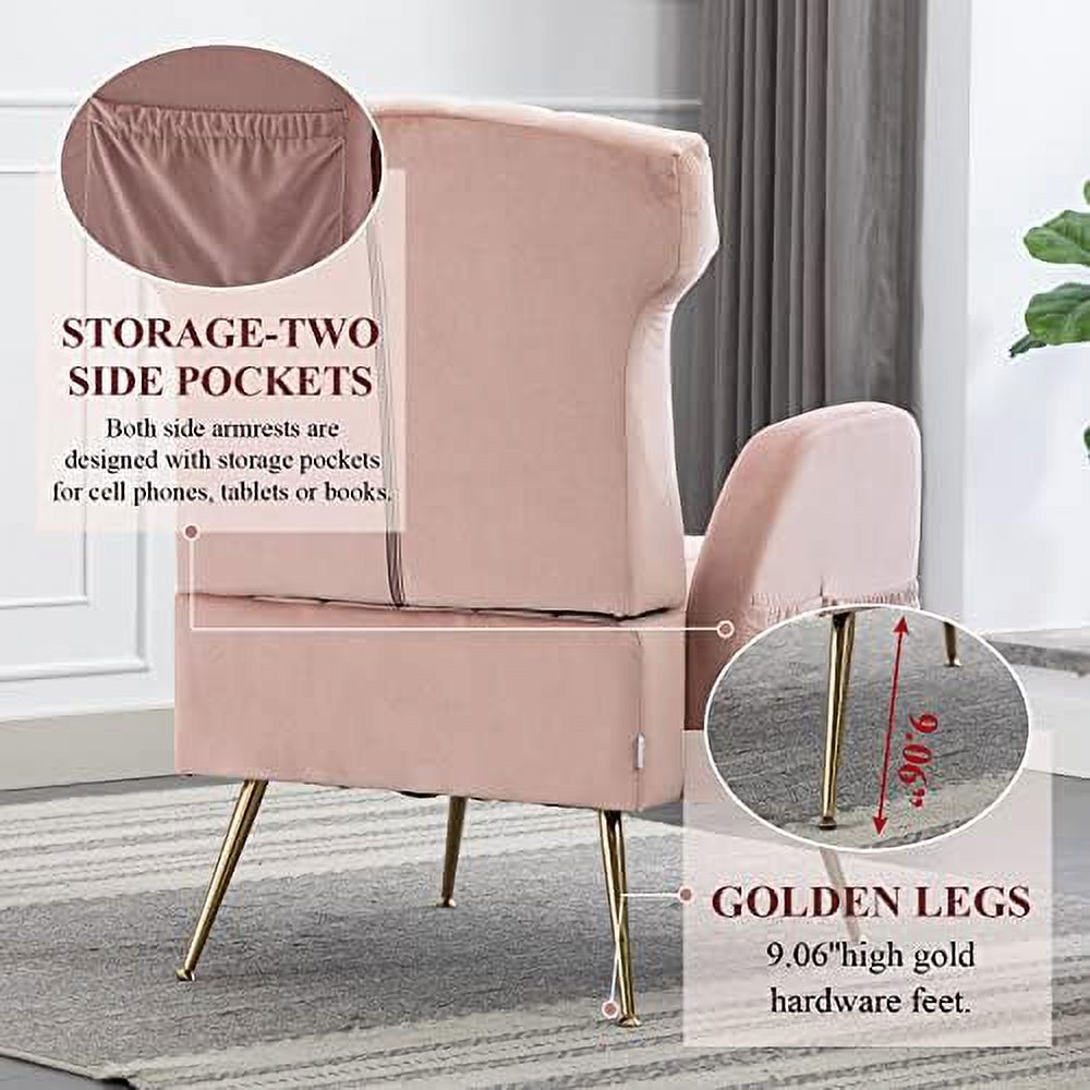 Brown Velvet Wing Back Accent Chair with Metal Gold Legs B335386