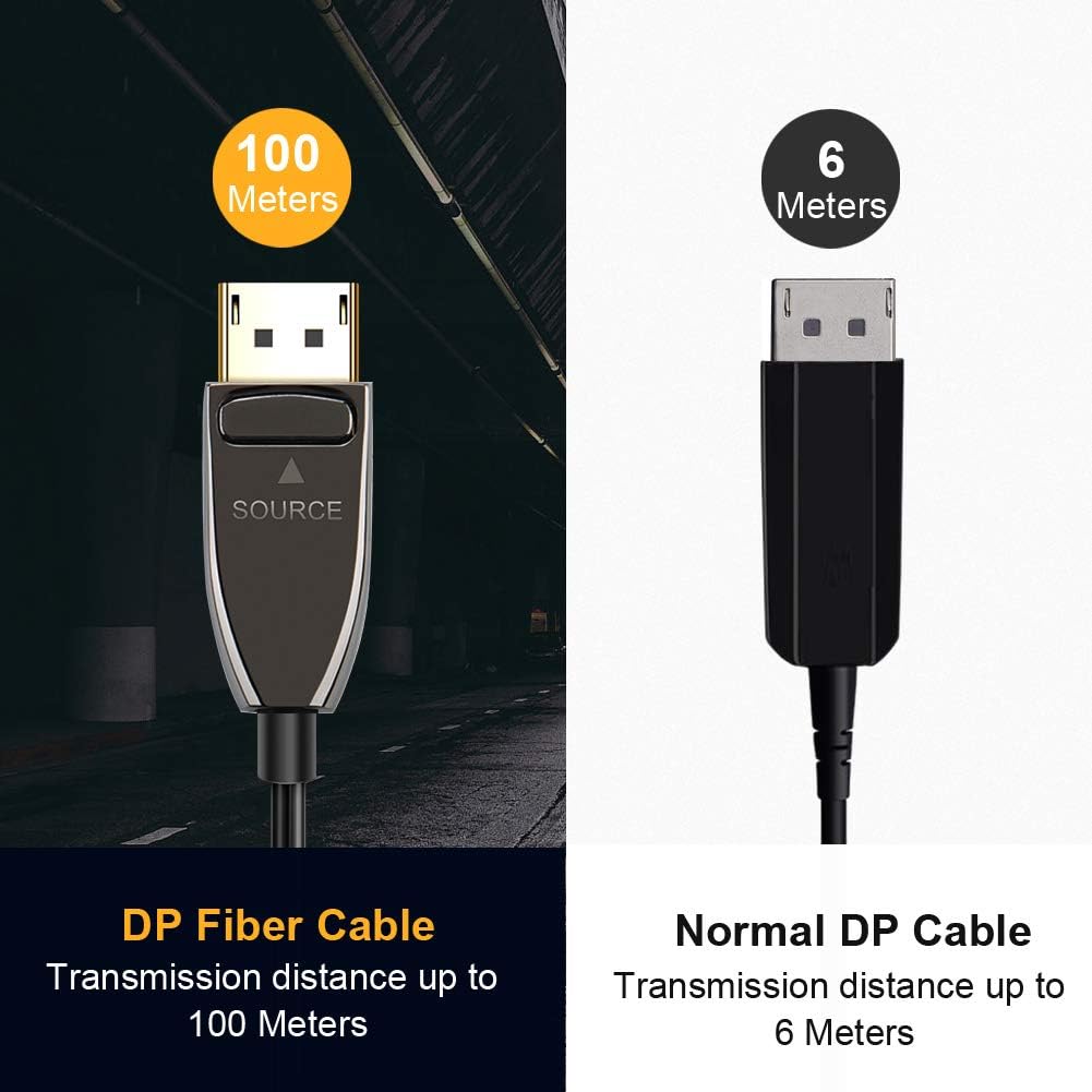 DP Fiber Optic Cable 20ft, Displayport 1.4, 8K@60Hz 4K@120Hz, Gold Plated, Black H987