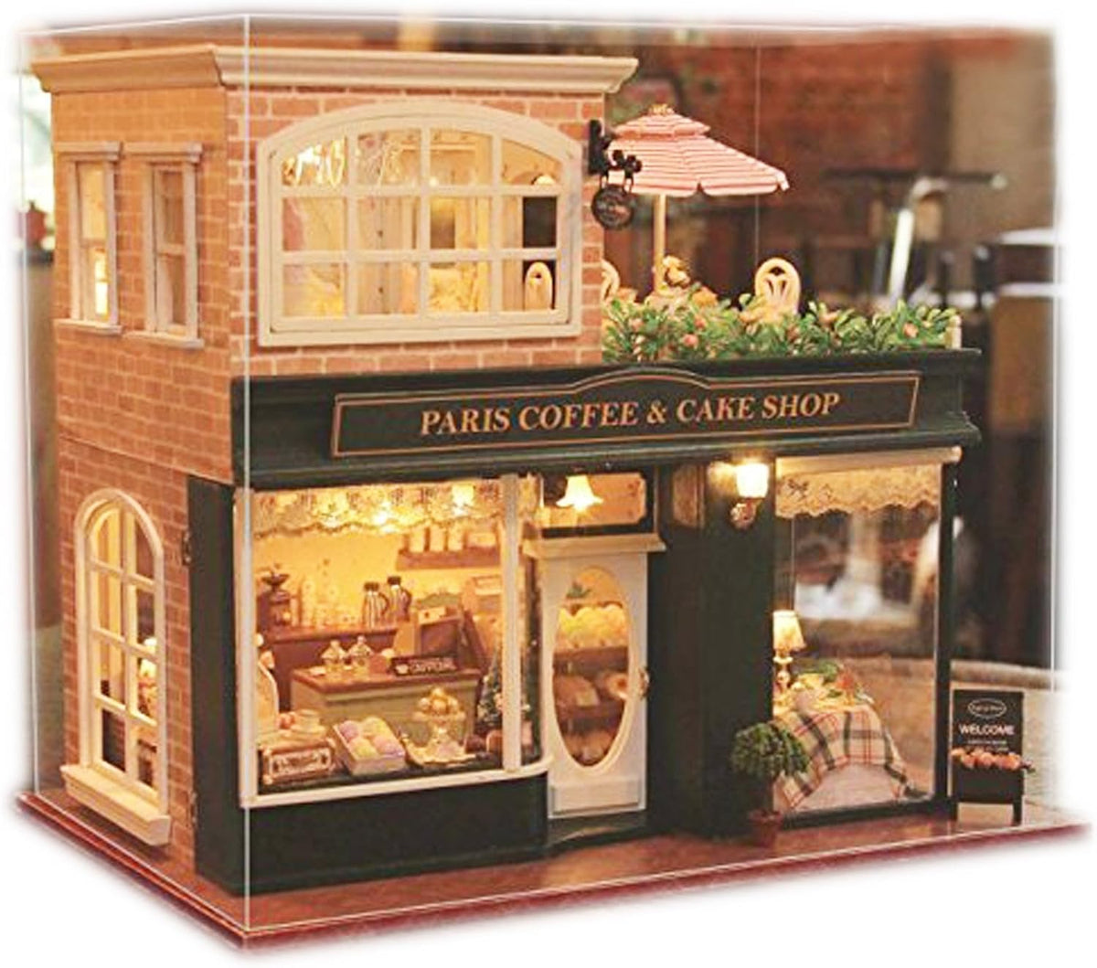Paris Coffee & Cake Shop Wooden Dollhouse Miniatures DIY Kit with Led Light and Dust Cover Z777194
