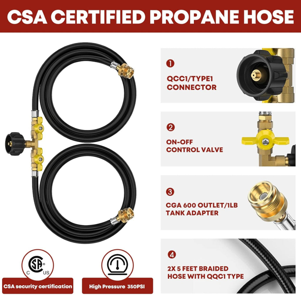 Propane 2 Way Y Splitter Adapter Hose with Shut Off Valve R561