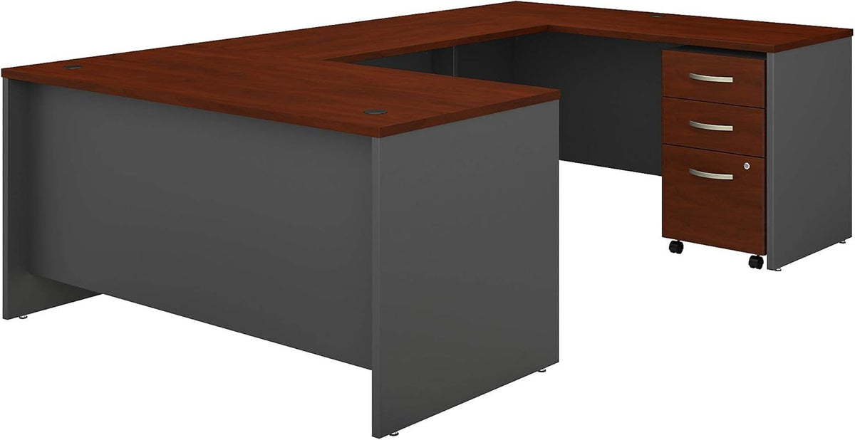 60W U Shaped Desk with 3 Drawer Mobile File Cabinet, Hansen Cherry M637154