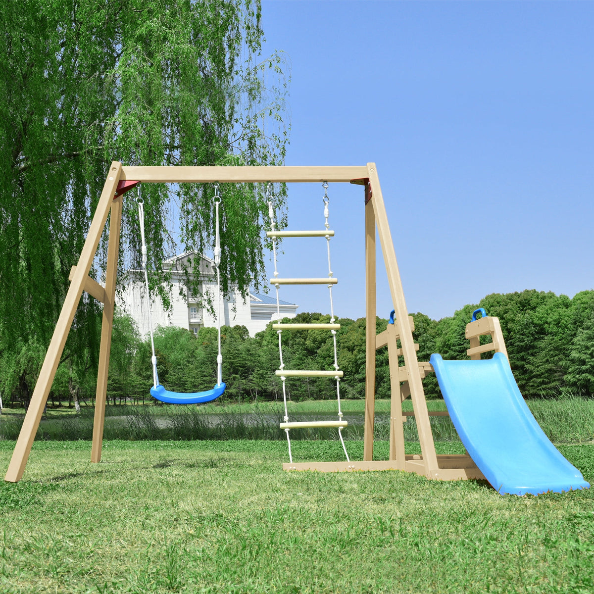 Wooden Swing Set with Slide and Climbing Rope F801415