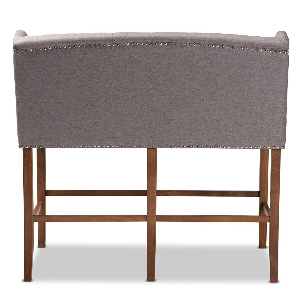 Grey Fabric Upholstered Walnut Finished Wood Button Tufted Bar Stool Bench F387