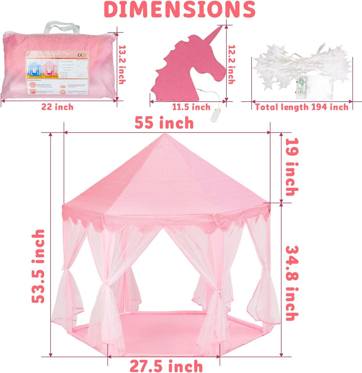 Large Kids Castle Play Tent with Star Lights M58141