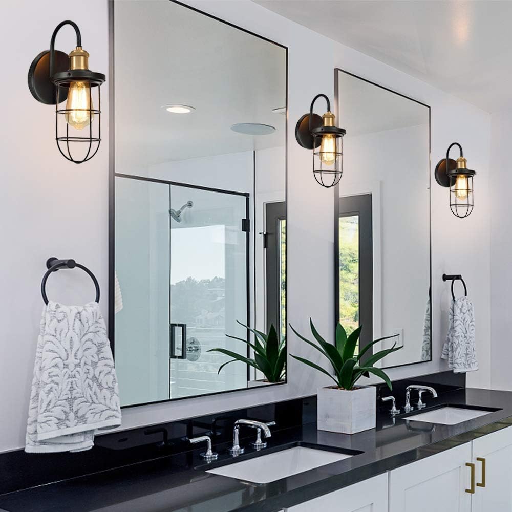 Farmhouse Wall Sconces with Cage Shade, Black and Gold, Set of Two N129