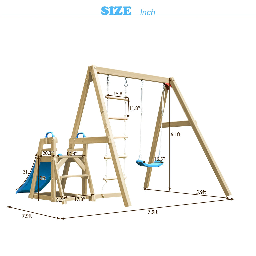 Wooden Swing Set with Slide and Climbing Rope F801415