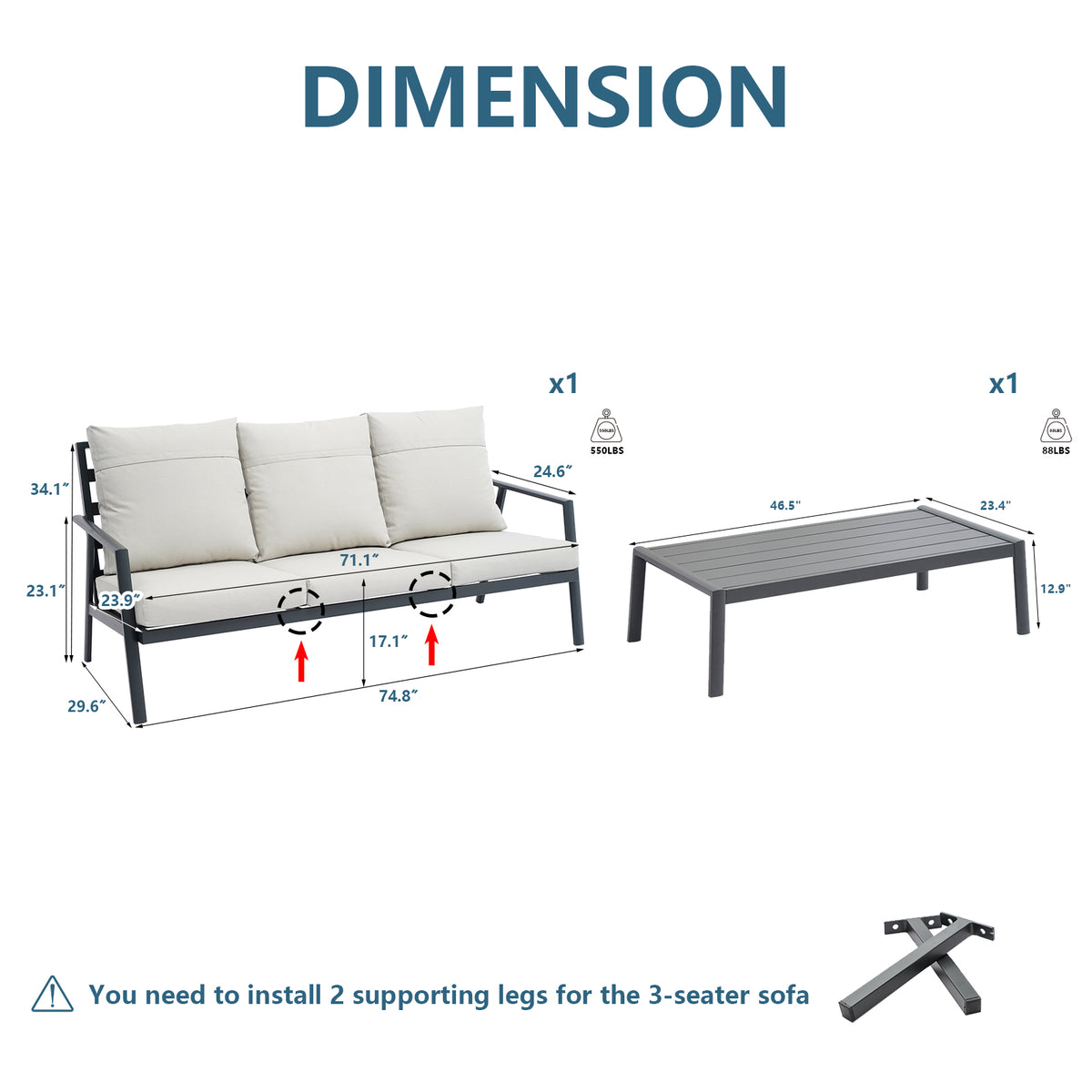 Outdoor Sectional Sofa Set 3 Seater Aluminum Y756547