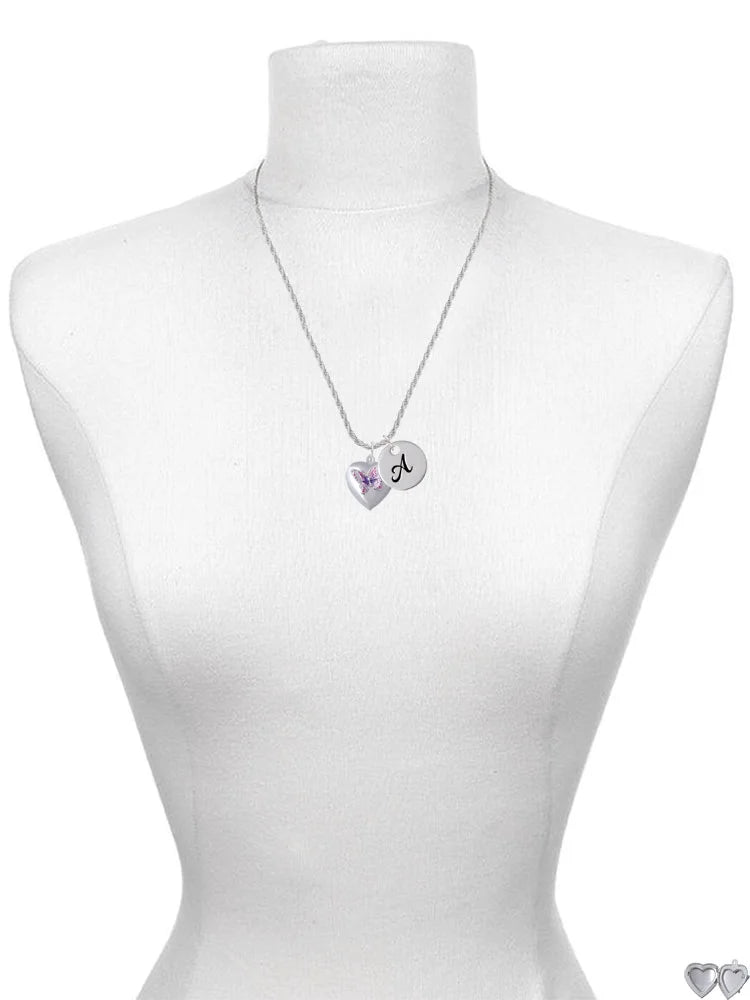 Silvertone Pink & Purple Butterfly Locket Script Initial Charm Necklace, 20"+3" Y951031