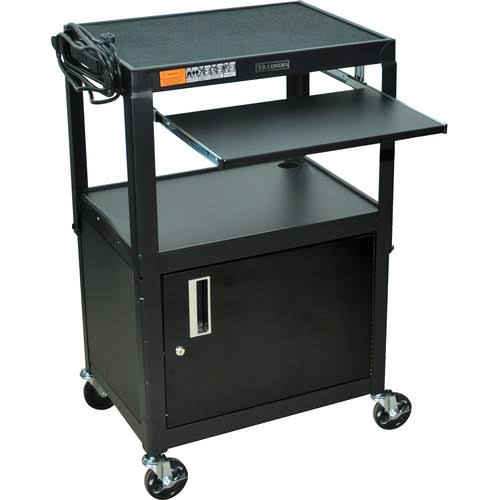 Adjustable Height Steel A/V Cart with Keyboard Shelf and Cabinet, Black O37600