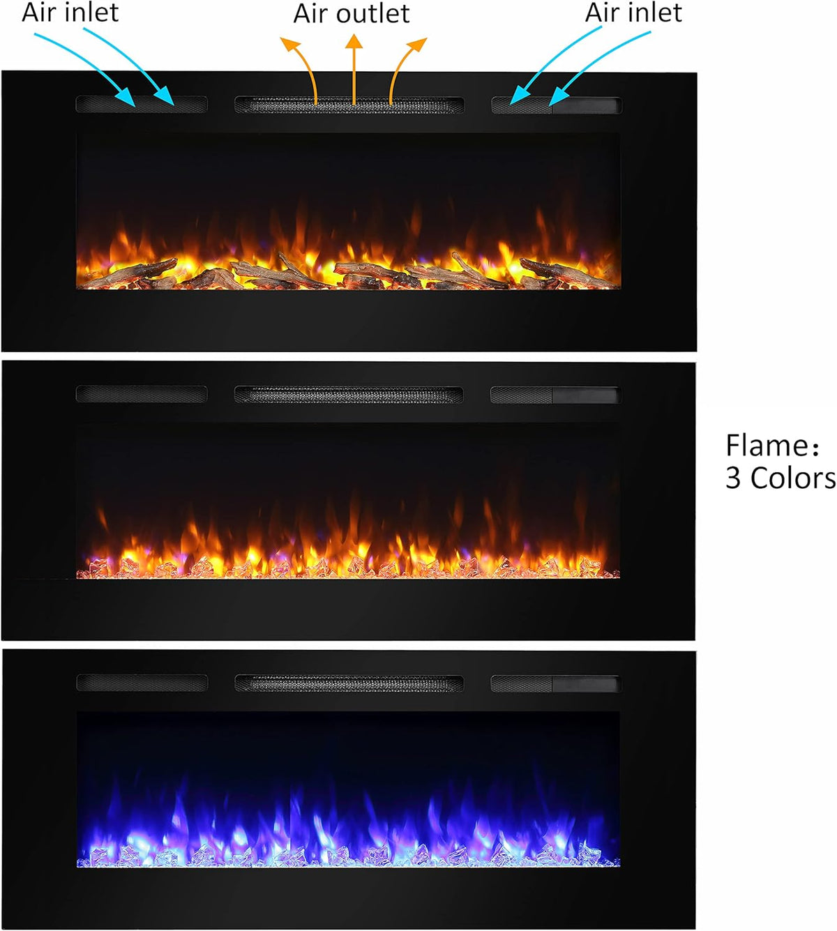 Recessed Electric Fireplace with Log Set and Crystal, 1500W Heater, Black F106646