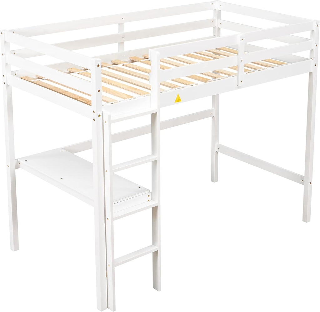 White Twin Size Loft Bed with Desk and Ladder M176177