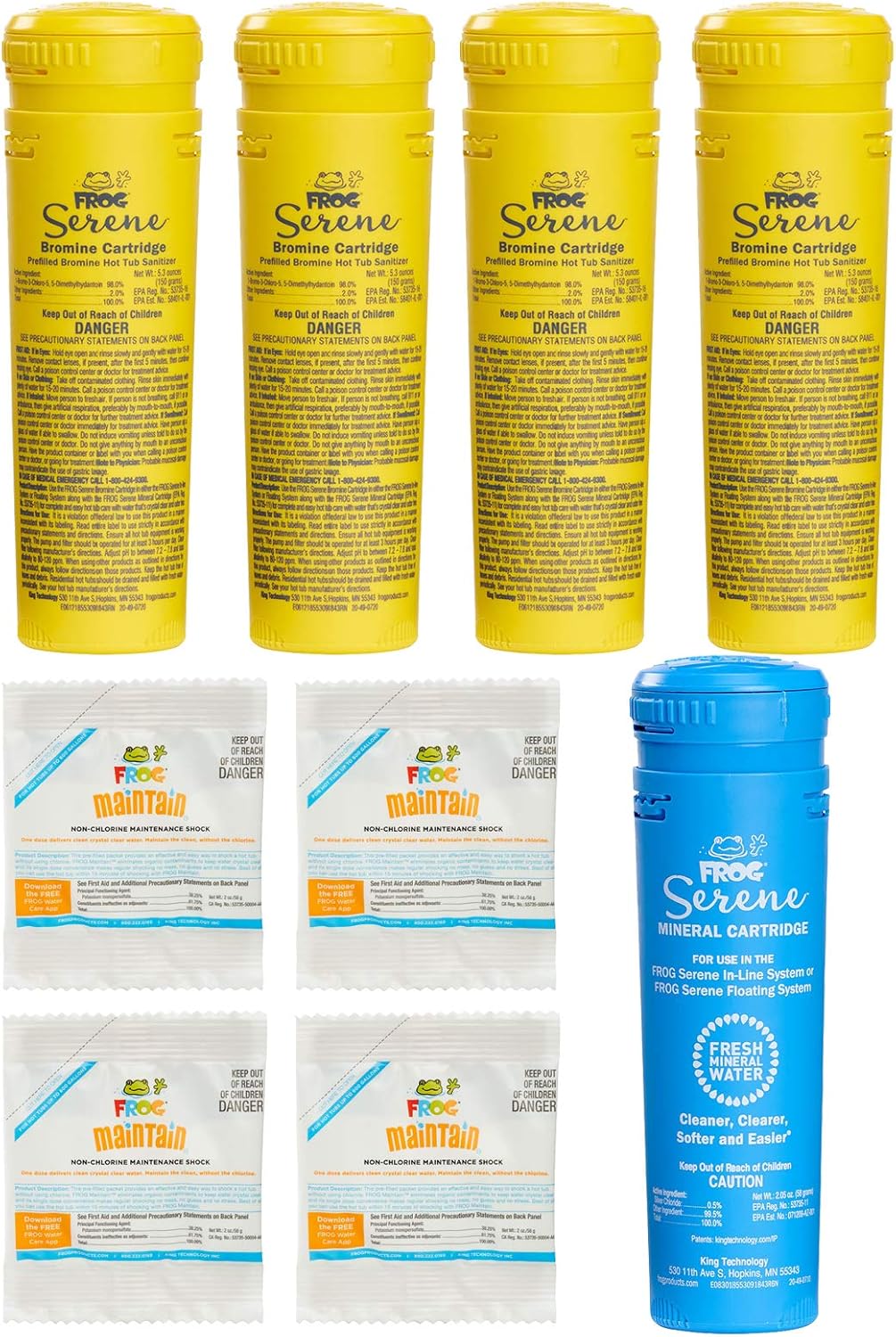 5 Pack Spa Frog Serene Replacement Cartridges with 4 Maintain Non-Chlorinated Shock Packets P805