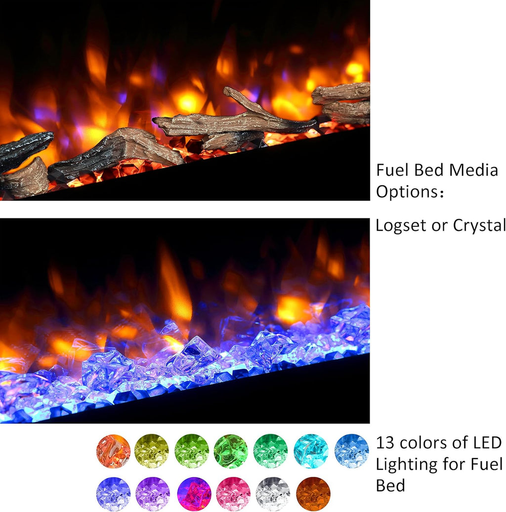 Recessed Electric Fireplace with Log Set and Crystal, 1500W Heater, Black F106646