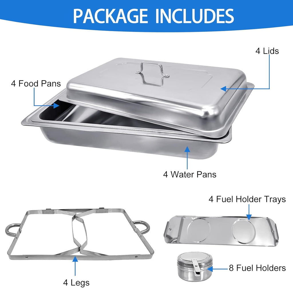 Chafing Dish Buffet Set 4 Pack 8QT Half Size Food Warmer Chafer Complete Set with Water Pan, Chafing Fuel Holder P320
