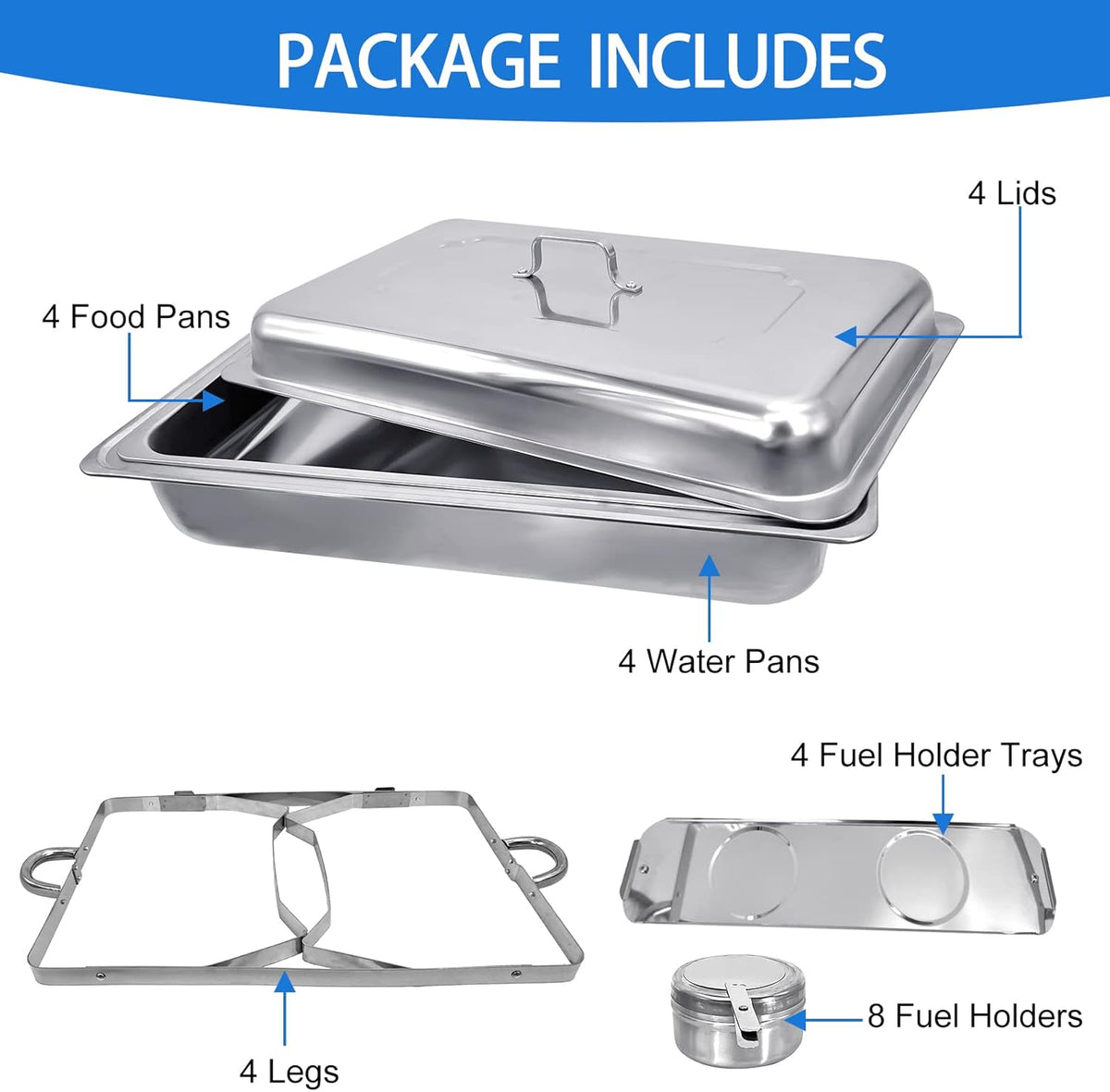 Chafing Dish Buffet Set 4 Pack 8QT Half Size Food Warmer Chafer Complete Set with Water Pan, Chafing Fuel Holder P320
