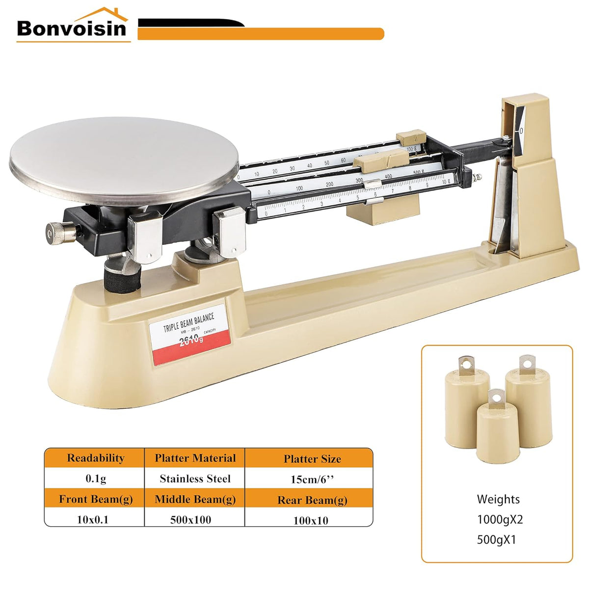 Triple Beam Scale Mechanical Balance 2610g/0.1g with Stainless Steel Platter P15075