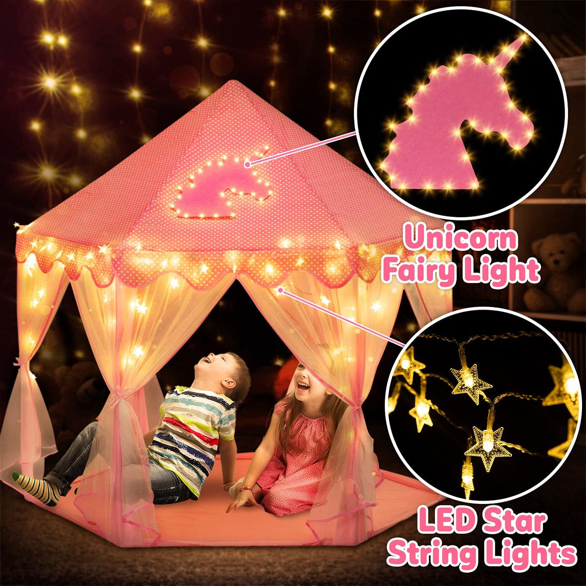 Large Kids Castle Play Tent with Star Lights M58141