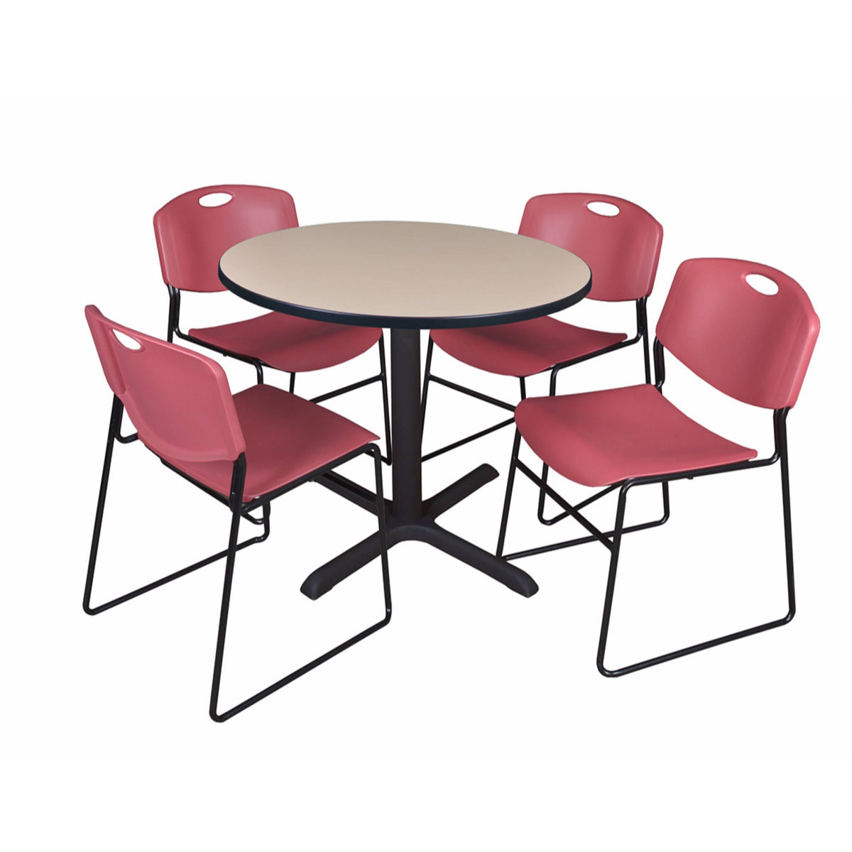 Beige Round Breakroom Table with 4 Black Stack Chairs C331475