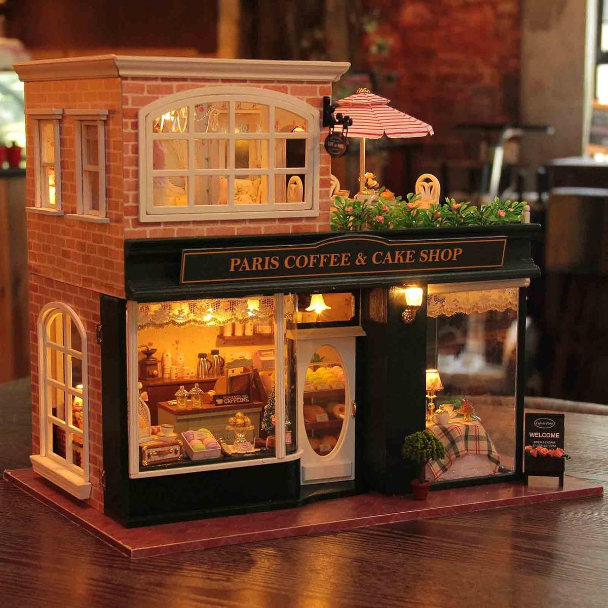 Paris Coffee & Cake Shop Wooden Dollhouse Miniatures DIY Kit with Led Light and Dust Cover Z777194