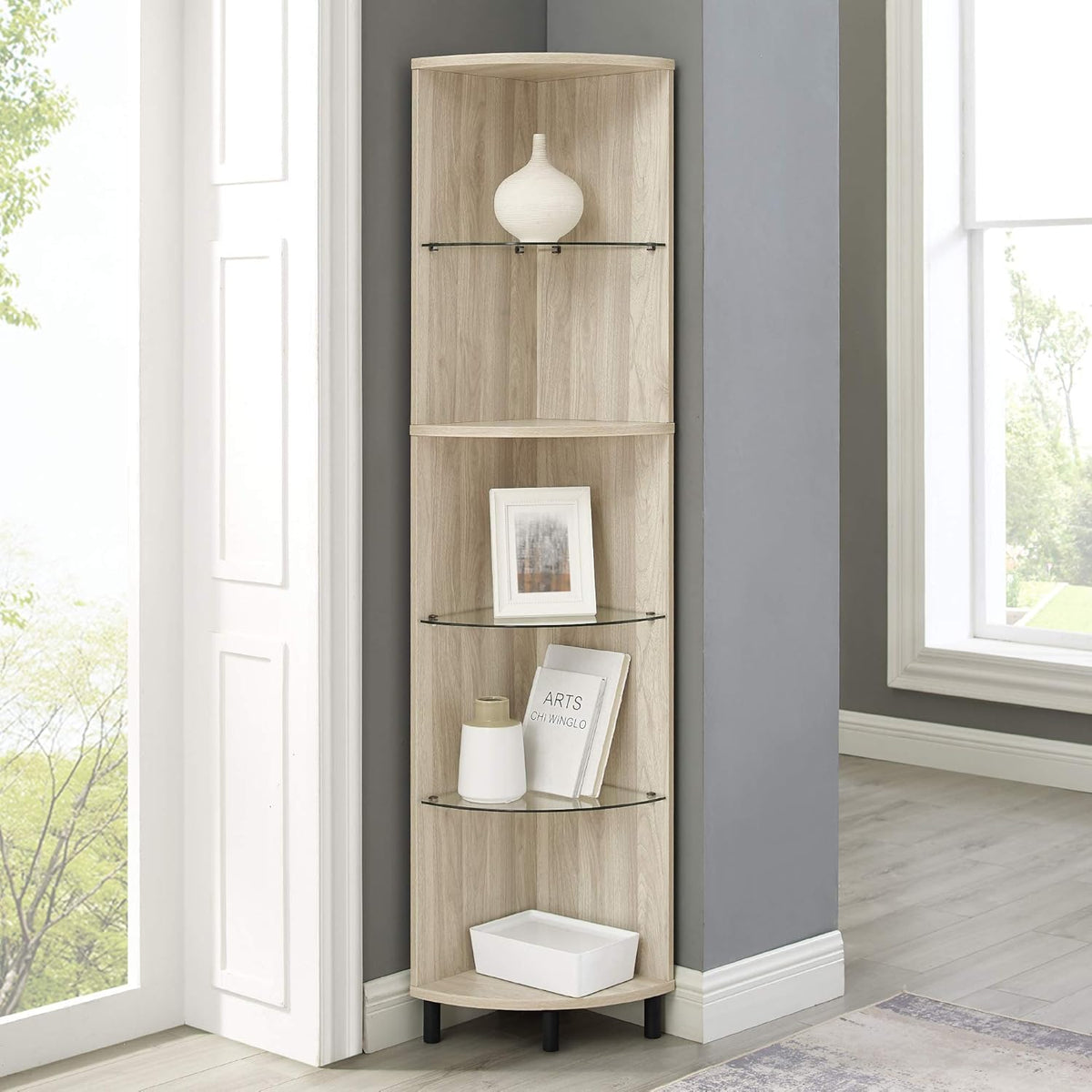 4 Glass Shelf Bookcase, 48 Inch, Dark Walnut E931