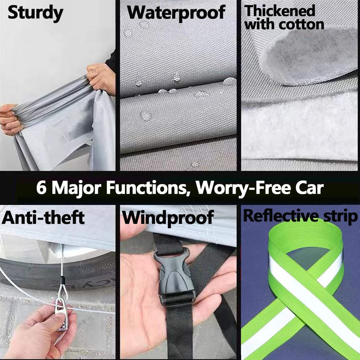 210D Oxford Waterproof Car Cover with Zipper Door, Reflective Strip, Windproof Straps M6081