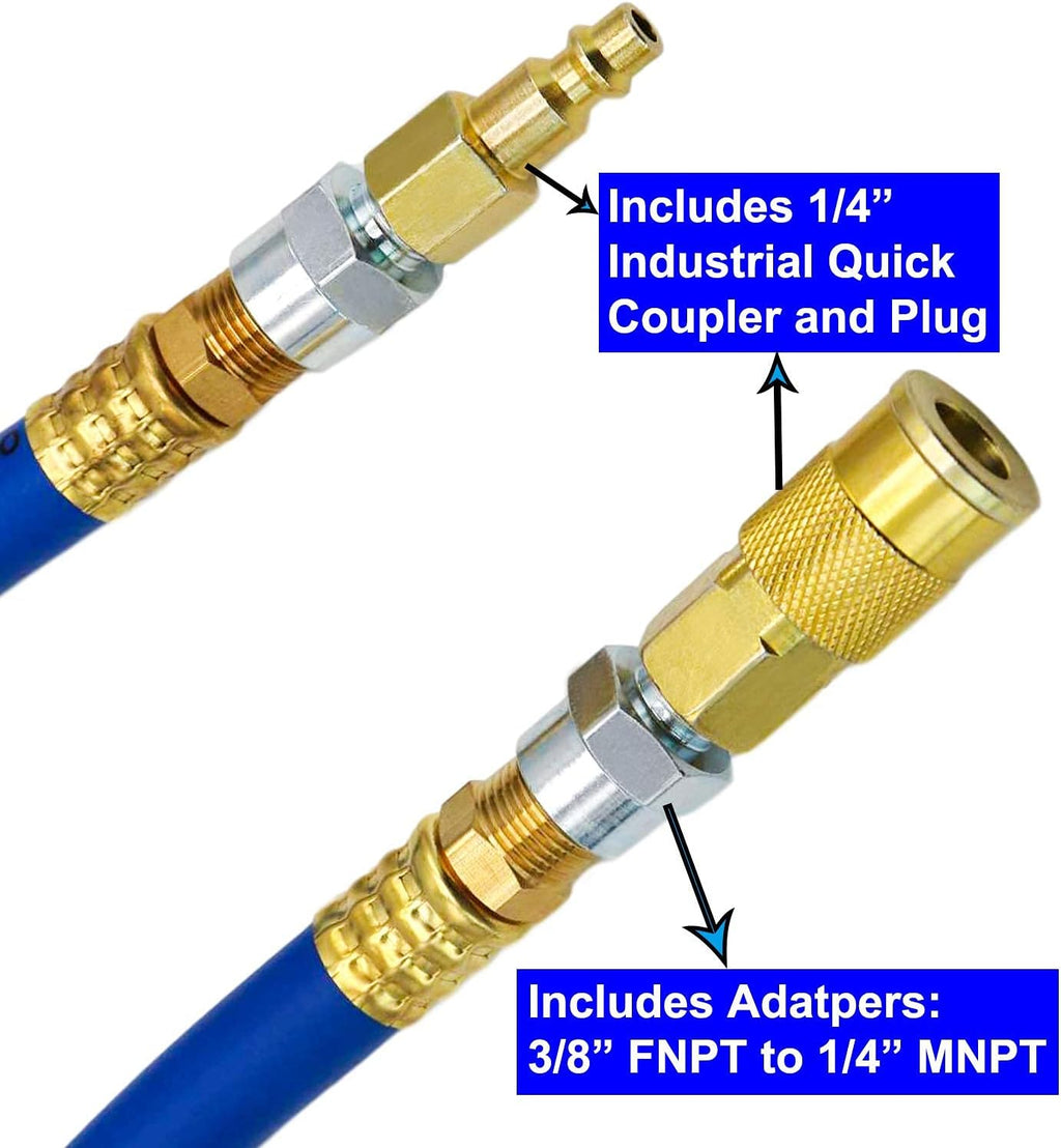 Hybrid Air Hose 50-Feet 300 PSI Solid Brass Fittings Quick Coupler Connectors Blue Pack of 2 P6624
