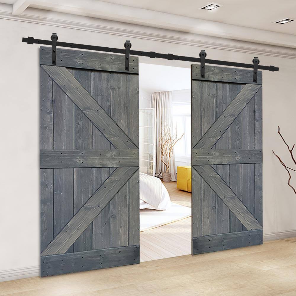 Gray Stained Solid Knotty Pine Wood Double Interior Sliding Barn Doors with Hardware Kit X888