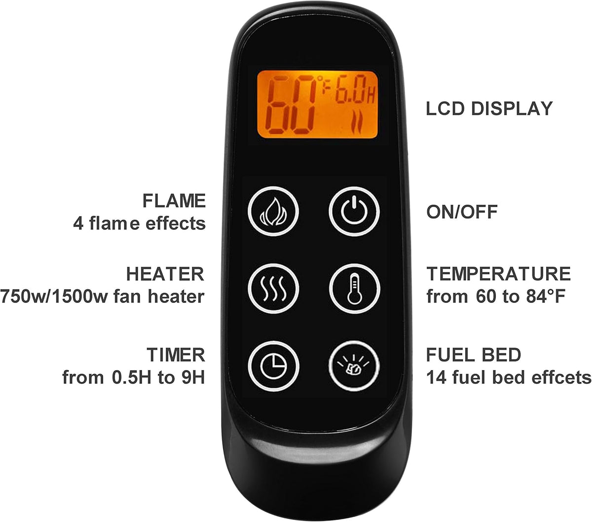 Recessed Electric Fireplace with Log Set and Crystal, 1500W Heater, Black F106646
