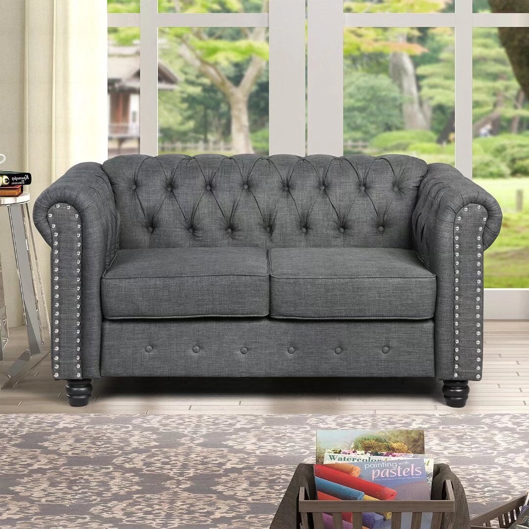 Tufted Upholstered Chesterfield Loveseat and Sofa 2 PCS Fabric Linen Beige C1400