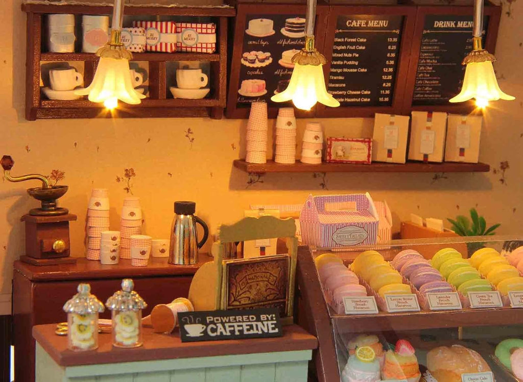 Paris Coffee & Cake Shop Wooden Dollhouse Miniatures DIY Kit with Led Light and Dust Cover Z777194