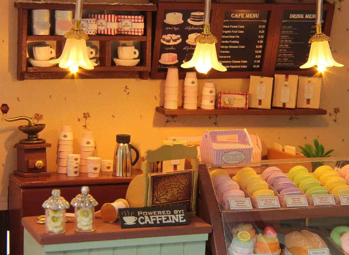 Paris Coffee & Cake Shop Wooden Dollhouse Miniatures DIY Kit with Led Light and Dust Cover Z777194