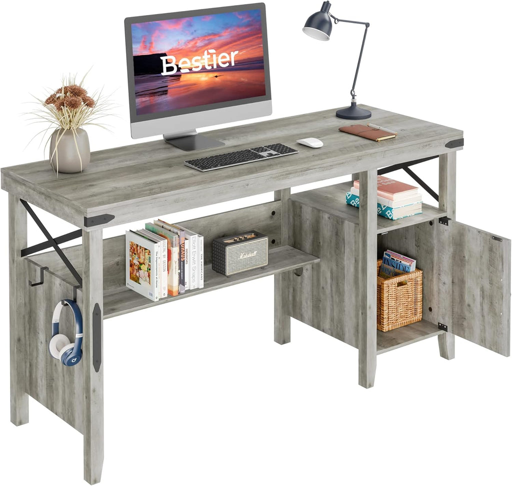 Gray Farmhouse Computer Desk with Storage Cabinet and Bookshelf T608904