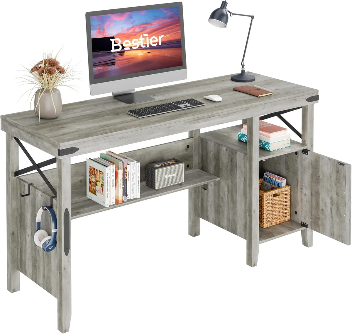 Gray Farmhouse Computer Desk with Storage Cabinet and Bookshelf T608904