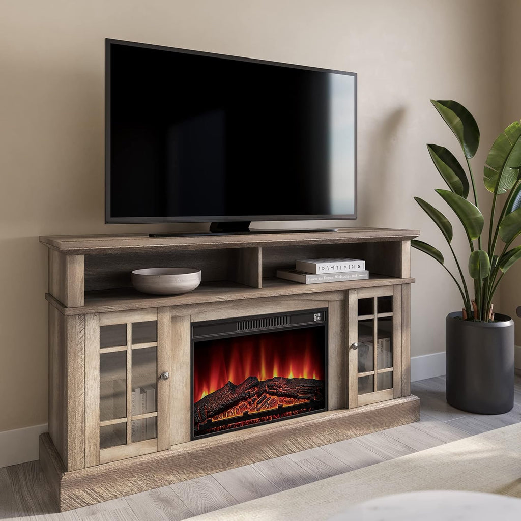 Gray Wash Electric Fireplace TV Stand with Open Storage Shelves and Cabinets B984