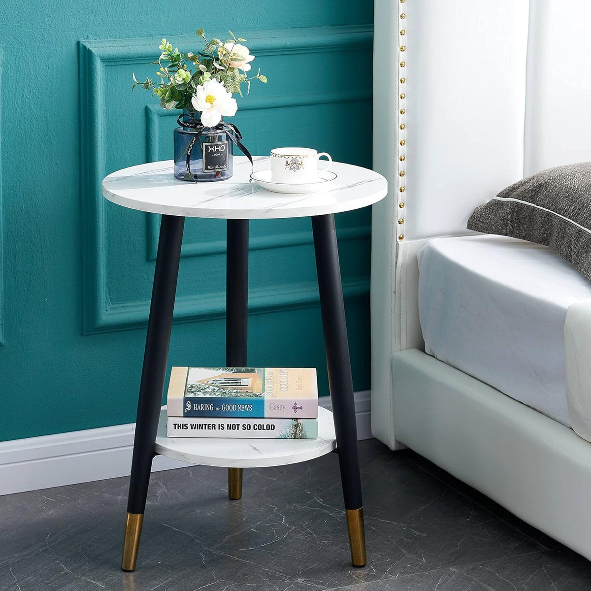 White Marble 2-Tier Metal Nightstand R8000