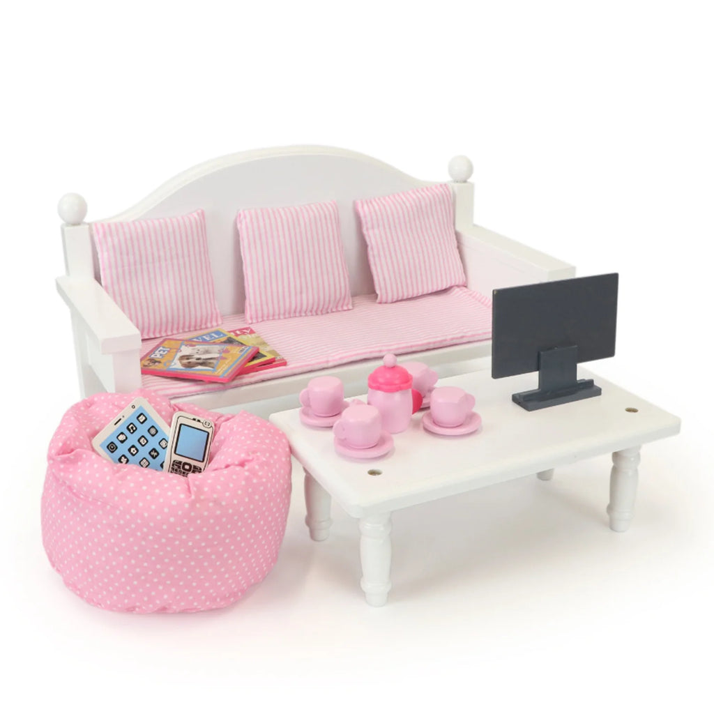 18" Dolls Wood Sofa & Coffee Table with Accessories D72027