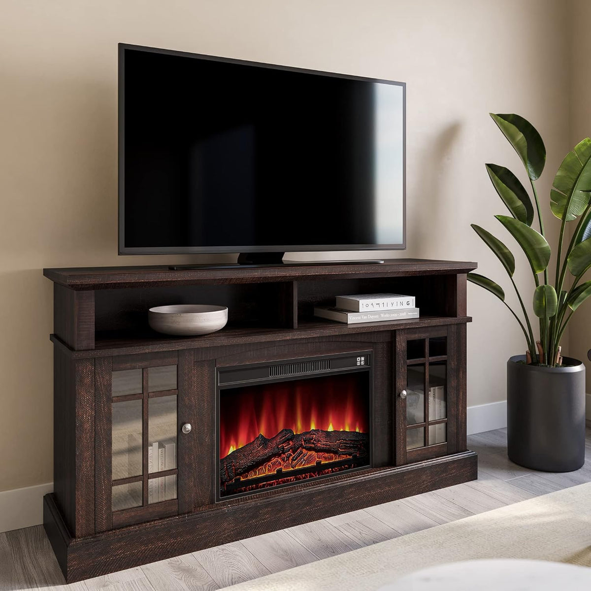 Gray Wash Electric Fireplace TV Stand with Open Storage Shelves and Cabinets B984