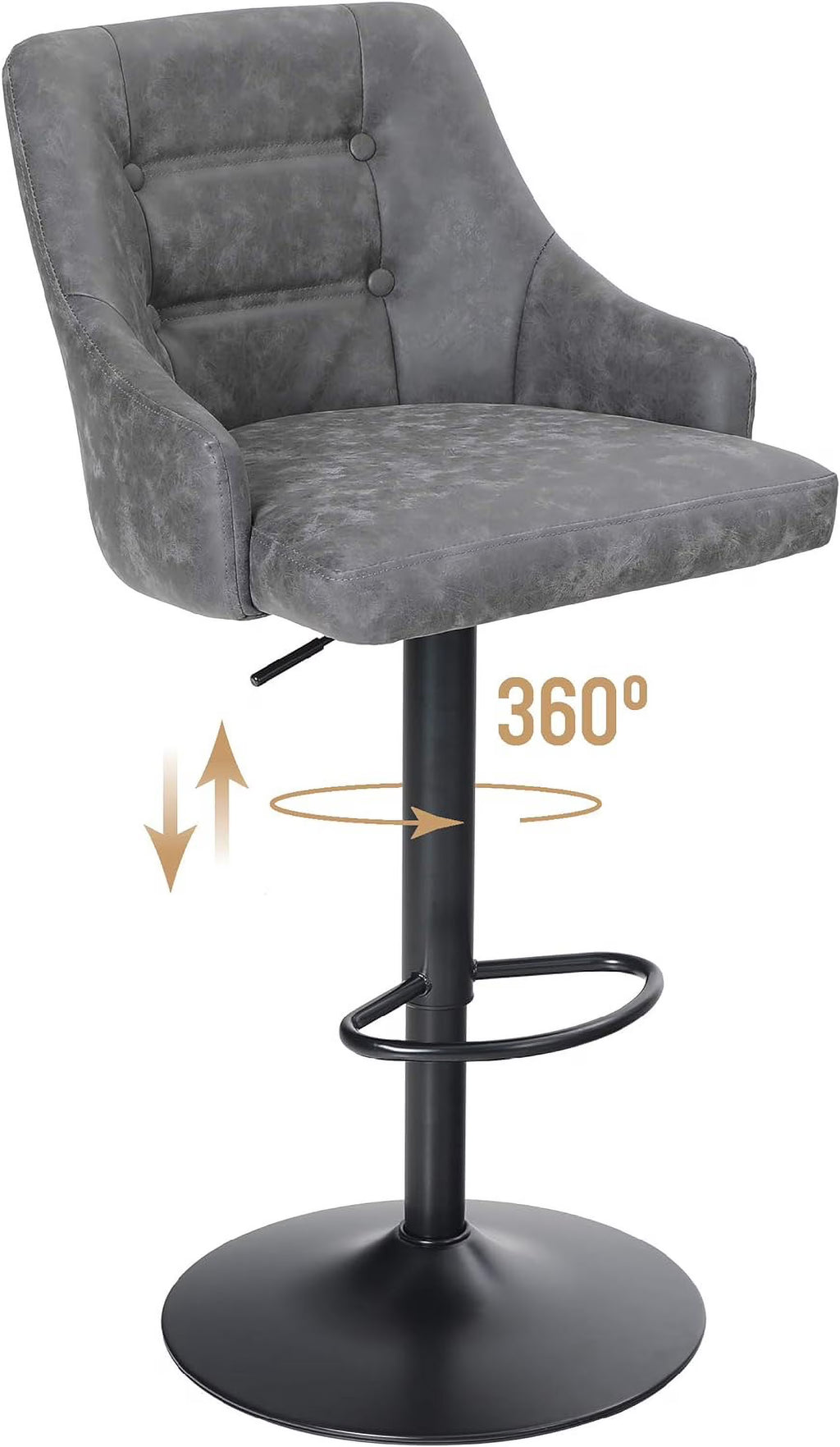 Grey PU Leather Adjustable Swivel Bar Stool with Padded Back and Black Chromed Metal Base S10257