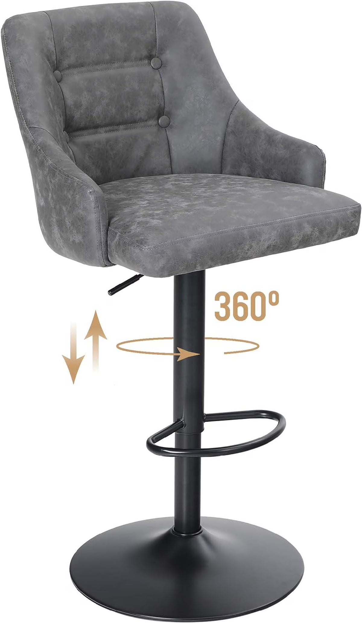 Grey PU Leather Adjustable Swivel Bar Stool with Padded Back and Black Chromed Metal Base S10257